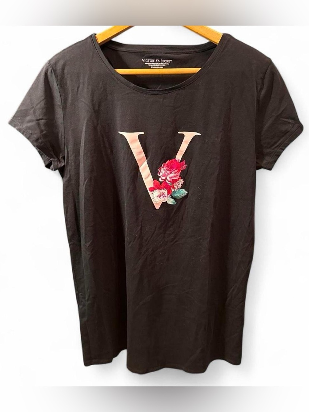 Victoria's Secret Black Sleep Tee with Floral 'V' Graphic